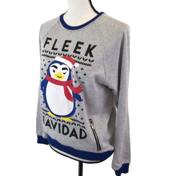NWT Doe Womens Gray Fleek Navidad Penguin Christmas Long Sleeve Sweatshirt S - Picture 2 of 5